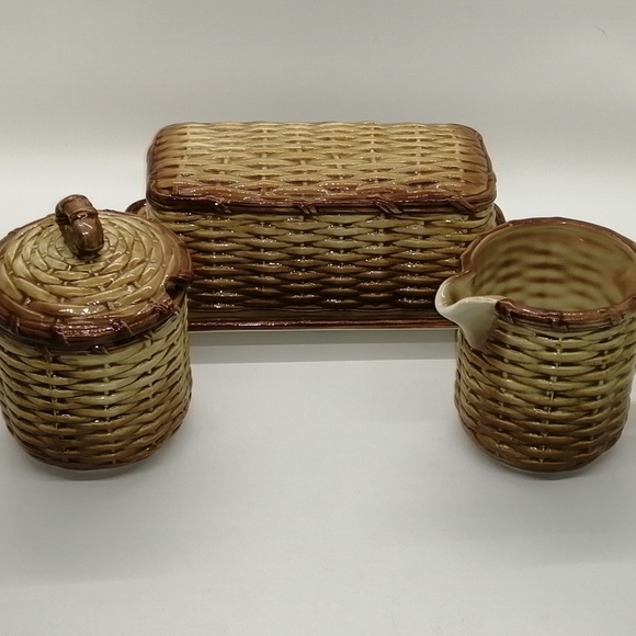 VTG Otigiri Basket Weave Sugar/Creamer/Butter Set - Picture 3 of 16